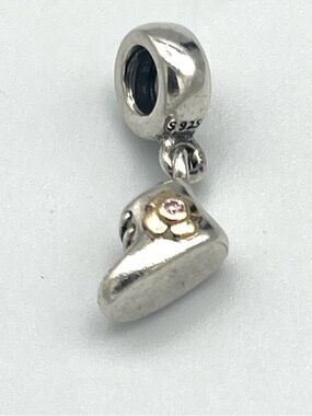 Pandora Pink CZ Baby Shoe Dangle Charm Bead Sterling Silver 14K Gold- Retired